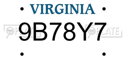 9B78Y7 Virginia License Plate