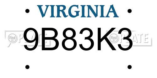 9B83K3 Virginia License Plate
