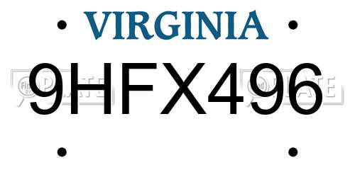 9HFX496 Virginia License Plate