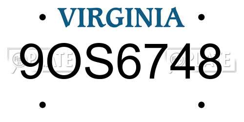 9OS6748 Virginia License Plate