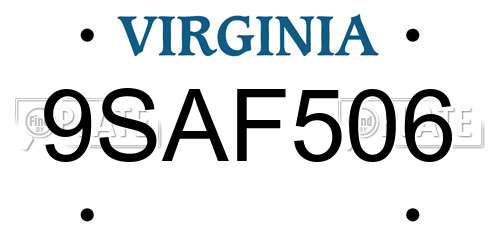 9SAF506 Virginia License Plate