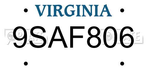 9SAF806 Virginia License Plate