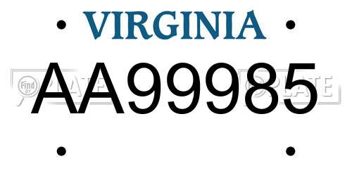 AA99985 Virginia License Plate