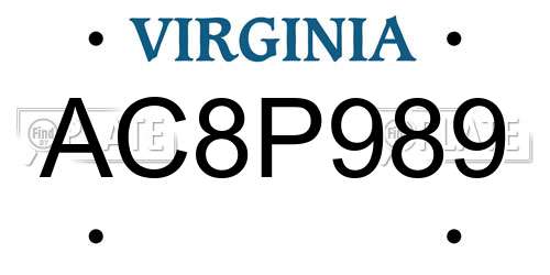 AC8P989 Virginia License Plate