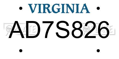 AD7S826 Virginia License Plate