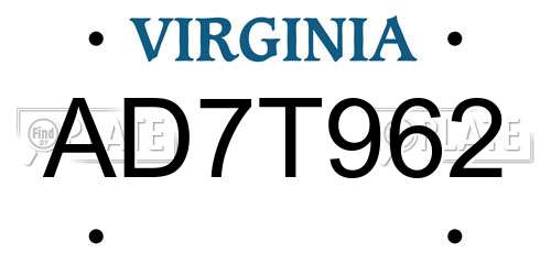 AD7T962 Virginia License Plate
