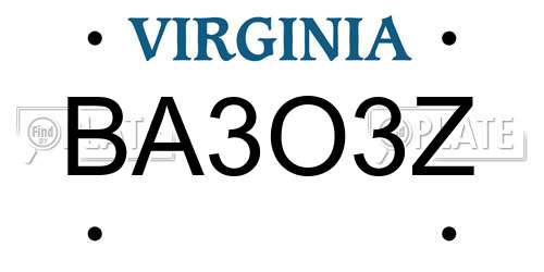 BA3O3Z Virginia License Plate