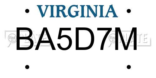 BA5D7M Virginia License Plate
