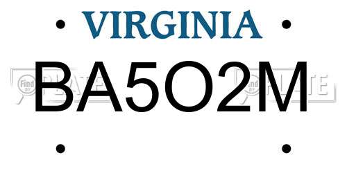 BA5O2M Virginia License Plate
