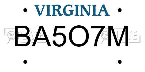 BA5O7M Virginia License Plate