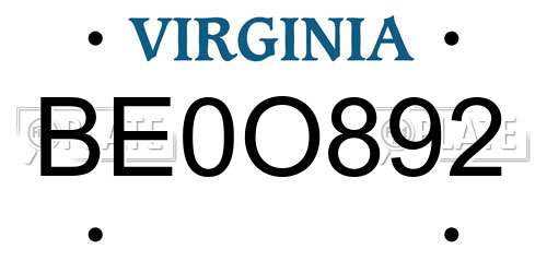 BE0O892 Virginia License Plate