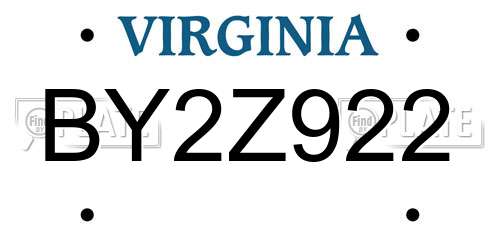 BY2Z922 Virginia License Plate