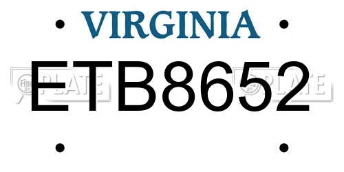 ETB8652 Virginia License Plate