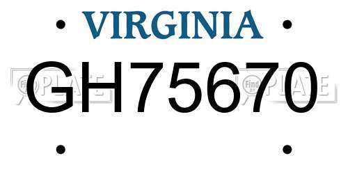 GH75670 Virginia License Plate
