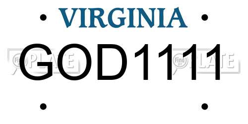 GOD1111 Virginia License Plate