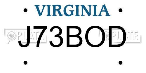 J73BOD Virginia License Plate