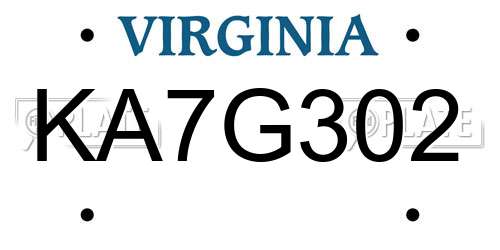KA7G302 Virginia License Plate