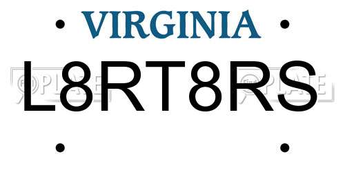 L8RT8RS Virginia License Plate