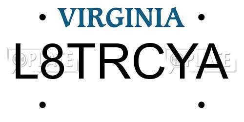 L8TRCYA Virginia License Plate