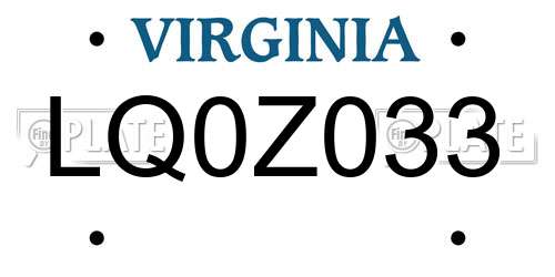 LQ0Z033 Virginia License Plate