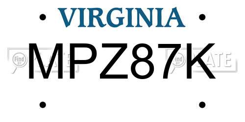 MPZ87K Virginia License Plate