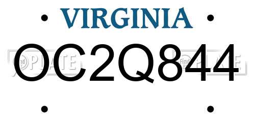 OC2Q844 Virginia License Plate