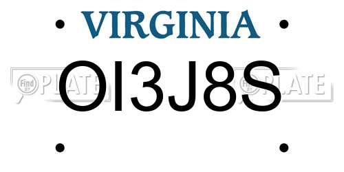 OI3J8S Virginia License Plate