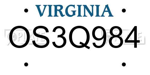 OS3Q984 Virginia License Plate