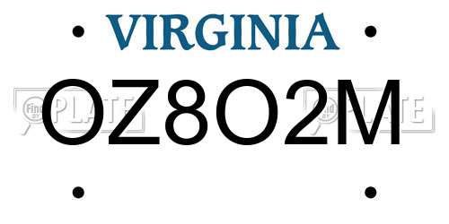 OZ8O2M Virginia License Plate