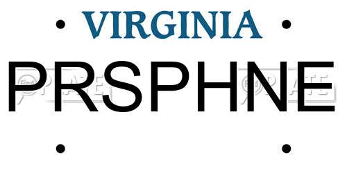 PRSPHNE Virginia License Plate