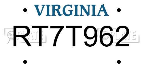 RT7T962 Virginia License Plate