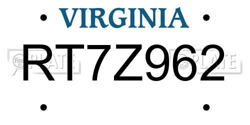 RT7Z962 Virginia License Plate