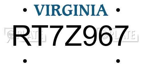 RT7Z967 Virginia License Plate