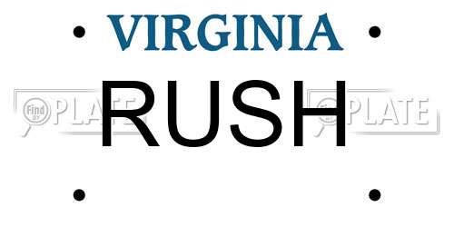 RUSH Virginia License Plate