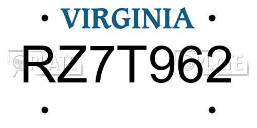 RZ7T962 Virginia License Plate