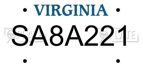 SA8A221 Virginia License Plate