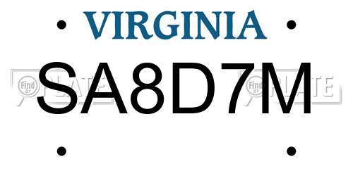 SA8D7M Virginia License Plate