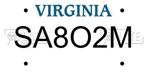 SA8O2M Virginia License Plate