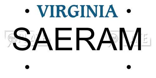 SAERAM Virginia License Plate