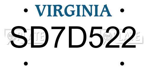 SD7D522 Virginia License Plate