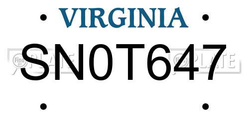 SN0T647 Virginia License Plate