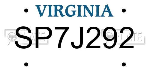 SP7J292 Virginia License Plate