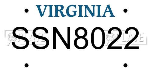 SSN8022 Virginia License Plate