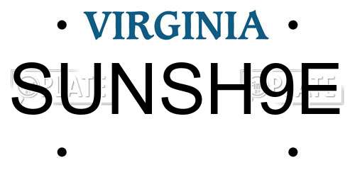SUNSH9E Virginia License Plate