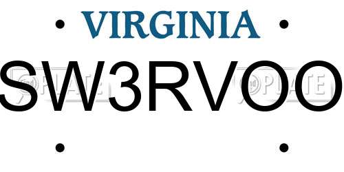 SW3RVOO Virginia License Plate