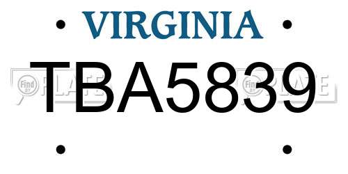 TBA5839 Virginia License Plate