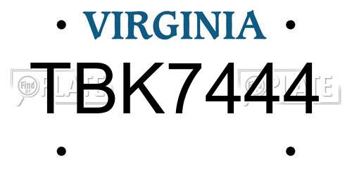 TBK7444 Virginia License Plate