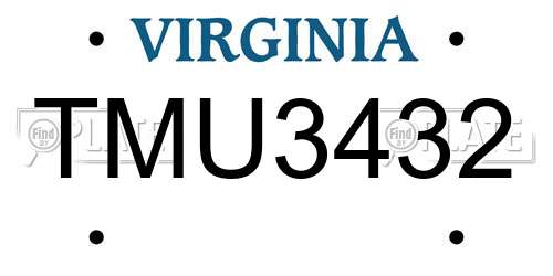 TMU3432 Virginia License Plate