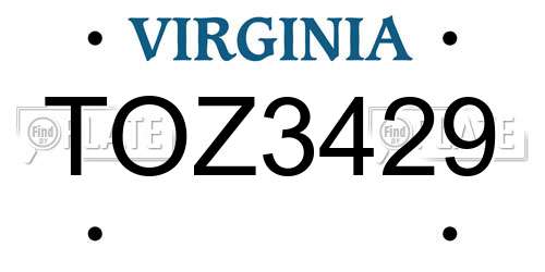 TOZ3429 Virginia License Plate