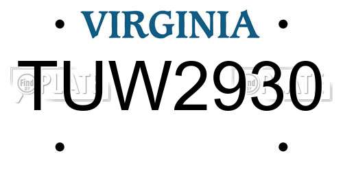 TUW2930 Virginia License Plate